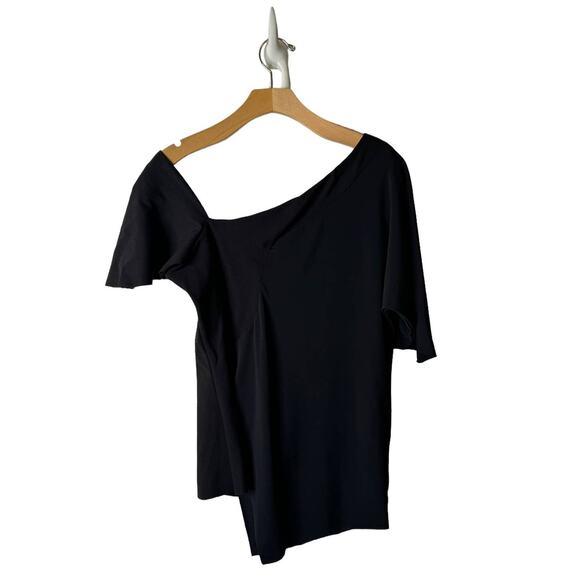 PLANET Lauren G Small Black Mixed Media Asymmetric Off-Shoulder Short Sleeve Top - Picture 5 of 8